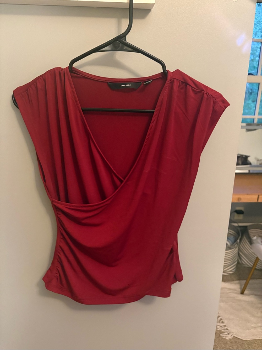 Vero Moda Deep Red Draped V-Neck Cap Sleeve Top
